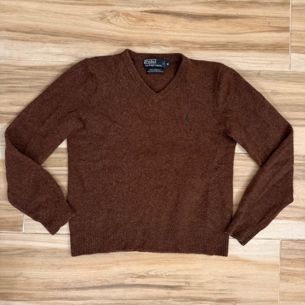 Polo Ralph Lauren Brown 100% Lambswool V-Neck Sweater Green Pony Logo Women's